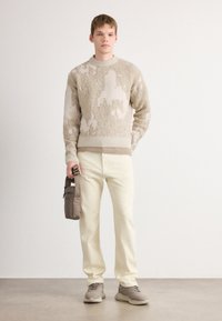 Young man standing in beige patterned sweater, cream pants, gray sneakers, holding small gray crossbody bag against white background.
