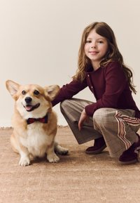 Une fille portant un cardigan côtelé rouge foncé est agenouillée à côté d'un corgi beige et blanc portant un nœud papillon. Elle porte un pantalon à carreaux avec des rayures roses.