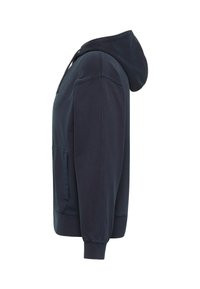 Dunkelblaues Kapuzenpullover mit langen Ärmeln, Kängurutasche, gerippten Bündchen und Saum. Hergestellt aus einem weichen, mittelgewichtigen Stoff.