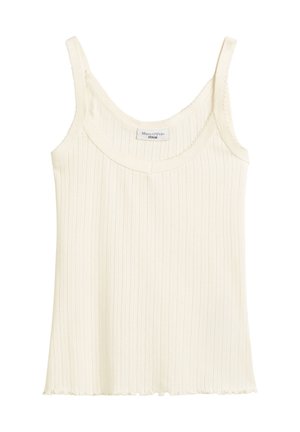 Kremowy, prążkowany top na cienkich ramiączkach z małą metką "Marc O'Polo DENIM" przy dekolcie.