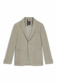 Helles graues Blazer aus strukturiertem Stoff. Verfügt über aufgeschlagene Revers, zwei Fronttaschen und eine einzelne Brusttasche mit Knopfverschluss.