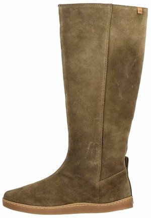 Tall brown suede flat boot with a rounded toe and light brown rubber sole and small fabric pull tab at the back.