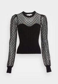 Top nero fitted con un corpetto in pizzo trasparente e decorato, maniche lunghe e gonfie in pizzo. Polsini a costine e scollatura tonda completano il design.