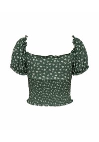 Grøn blomsterbluse med korte puffærmer, smocket liv og hvidt blomstermønster. Har bølgede kanter og en tætsiddende pasform.