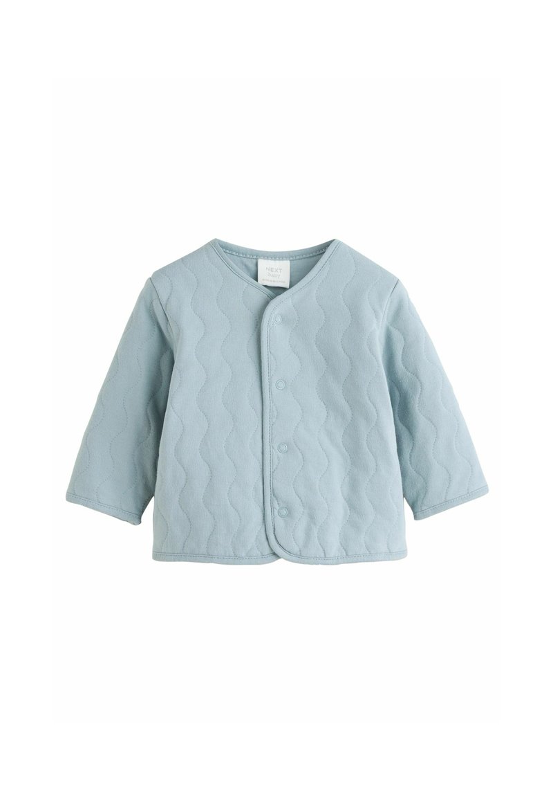 Hellblau gesteppte Babyjacke mit langen Ärmeln, featuring einen gebogenen Kragen und fünf Druckknöpfen auf der Vorderseite.
