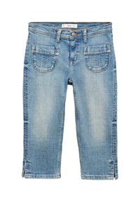 Jeans Capri in denim azzurro chiaro con cinque tasche, dettagli di cucitura e spacchi laterali all'orlo. Il tessuto mostra un effetto di lavaggio sbiadito.