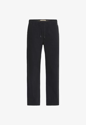 Schwarze, gerade geschnittene Hosen mit elastischem Bund und verstellbarem Kordelzug. Hergestellt aus weichem Stoff mit glatter Textur.