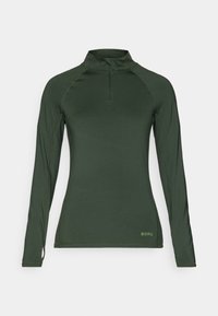 Zöld, hosszú ujjú sportpóló, negyed zip-nyakkal, slim fit fazonnal, raglán ujjakra és diszkrét logó részletre a szegélynél. Simább szövettextúra.