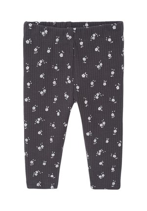 Dark gray ribbed toddler leggings with a white small floral pattern and elastic waistband, laid flat.