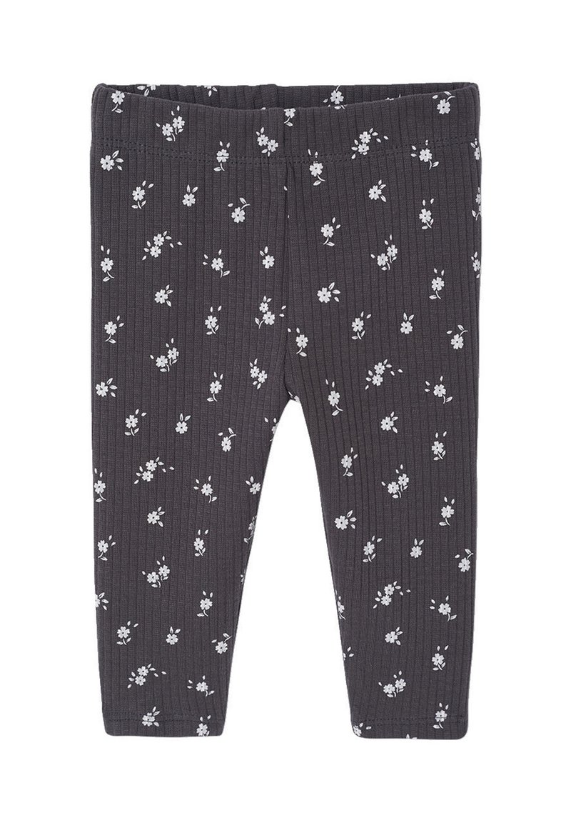 Dunkelgraue Ripp-Leggings für Kleinkinder mit einem weißen kleinen Blumenmuster und elastischem Bund, flach ausgelegt.