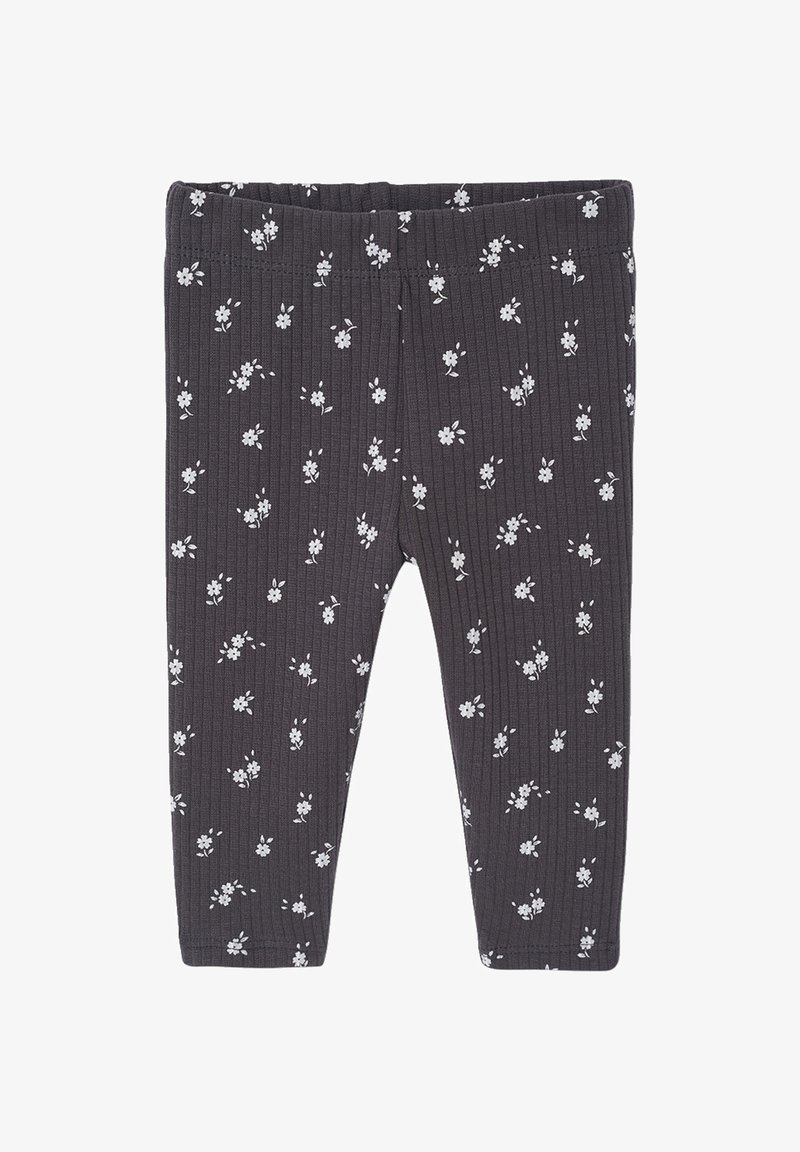 Dark gray ribbed toddler leggings with a white small floral pattern and elastic waistband, laid flat.