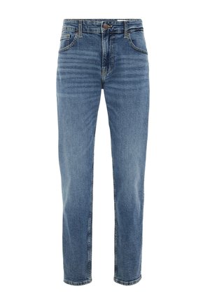 Blaue Denim-Jeans mit geradem Schnitt, Fünf-Taschen-Design und subtiler Ausbleichung. Mit Knopfverschluss und Gürtelschlaufen.