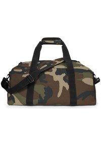 Borsa a viaggio mimetica realizzata in tessuto resistente, con manici superiori doppi e una tracolla regolabile per opzioni di trasporto versatile.
