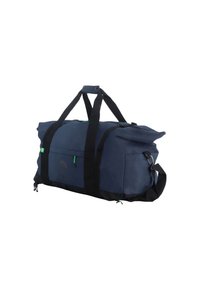 Borsa da viaggio blu navy realizzata in tessuto resistente, con maniglie nere, una tasca frontale e dettagli verdi. Forma strutturata con bordi rinforzati.