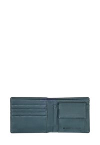 Portefeuille en cuir bleu canard avec plusieurs emplacements pour cartes, texture lisse, surpiqûres d'accent et poche avant pour un rangement supplémentaire.