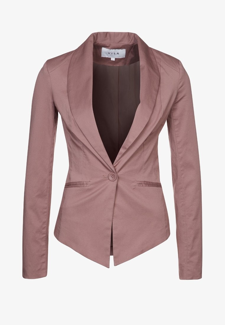 Blazer mauve à un bouton, col cranté, manches longues, deux poches passepoilées devant et taille cintrée.