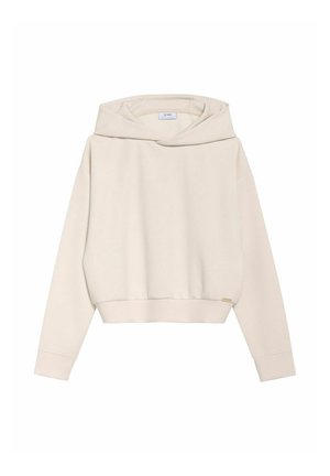 Beżowa skrócona bluza z kapturem, z długimi rękawami, szerokimi mankietami i luźnym kapturem, prezentowana na białym tle.