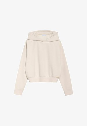 Beżowa skrócona bluza z kapturem, z długimi rękawami, szerokimi mankietami i luźnym kapturem, prezentowana na białym tle.