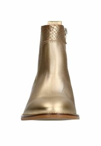 Metallic gold Stiefelette mit glatter Oberfläche, strukturiertem Kunst-Schlangenleder-Obermaterial, seitlichem Reißverschluss und runder Zehenpartie.