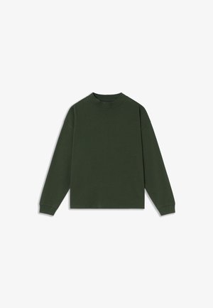 Dunkelgrüner Sweatshirt, Rundhalsausschnitt, lange Ärmel, lockere Passform, aus weicher Baumwolle, minimale Nähte, keine Verzierungen oder Muster.