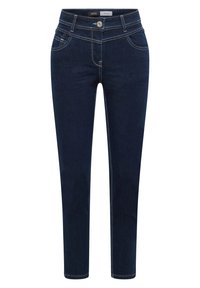 Jeans de mezclilla ajustados de color azul oscuro con costuras en contraste, presillas para cinturón, bolsillos frontales y cierre de botón etiquetado como "Cecil".