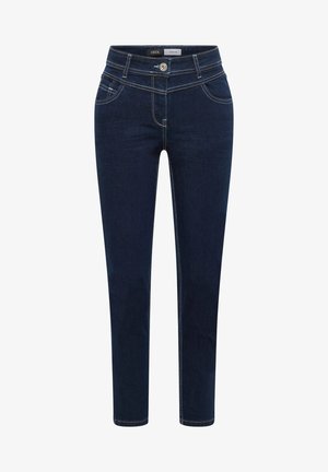 Dark blue slim-fit denim jeans with contrast stitching, belt loops, front pockets, and a button closure labeled "Cecil".