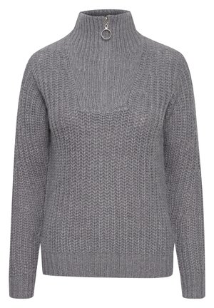 Grijze gebreide trui met een hoge kraag, voorzien van een rits aan de voorkant met een ronde trekker, een gestructureerd patroon en ribborstels en zoom.