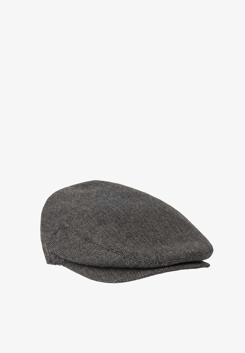 Herringbone-patterned flat cap in gray wool blend, featuring a rounded crown and slightly upturned brim, with a smooth texture.