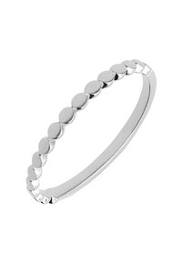 Silver bangle featuring a smooth, curved design with evenly spaced oval accents along the band. Polished finish, lightweight, and sleek.