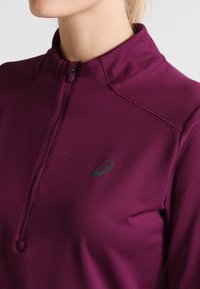 Vinröd sportpullover med halvmeterdragkedja i kragen, tillverkad av slätt tyg, med en liten grå logo på bröstet och platta sömmar.