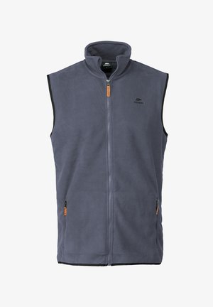 Fleece vest in dark gray with a high collar, front zipper, contrasting black edges, and side zip pockets with orange accents.