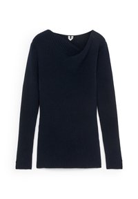 Marineblaues, geripptes Langarmoberteil mit einem breiten, asymmetrischen Halsausschnitt. Hergestellt aus einem weichen, strukturierten Stoff und bietet eine figurbetonte Silhouette.