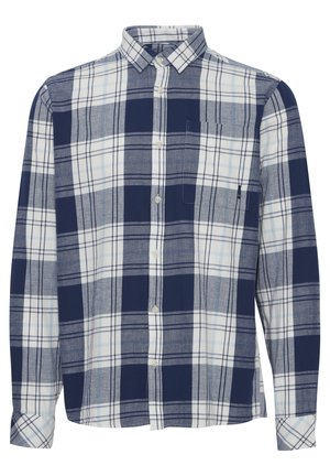 Herre rutete skjorte laget av bomull. Har et marineblått og hvitt rute mønster, knappelukking, og en brystlomme. Lange ermer med knappefester.