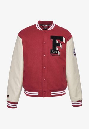 Red varsity jacket with cream sleeves, featuring an embroidered "F" logo, ribbed cuffs, and white striped trim. Smooth texture, button closure.