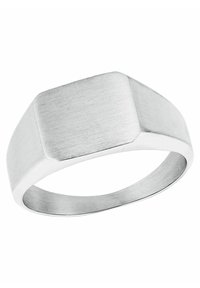 Bague chevalière rectangulaire en argent brossé avec des bords lisses et un anneau poli, présentée sur un fond blanc.
