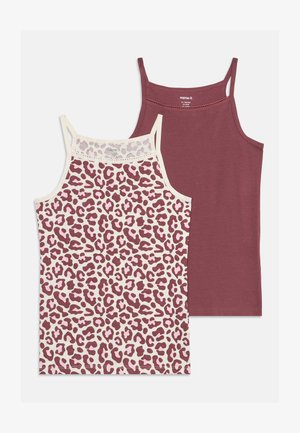 Deux tops sans manches pour filles, un uni mauve foncé et un blanc avec un imprimé léopard mauve foncé et rose, tous deux à fines bretelles et encolure ronde.