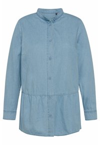 Helleblaue Jeanshemd mit Stehkragen, langen Ärmeln, Knopfverschluss vorne und gerafftem Taillendetail für eine entspannte Passform.