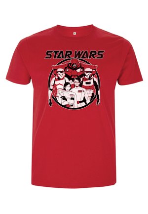 Red cotton t-shirt featuring a graphic of characters and stormtroopers, with "STAR WARS" text in bold black above the design.