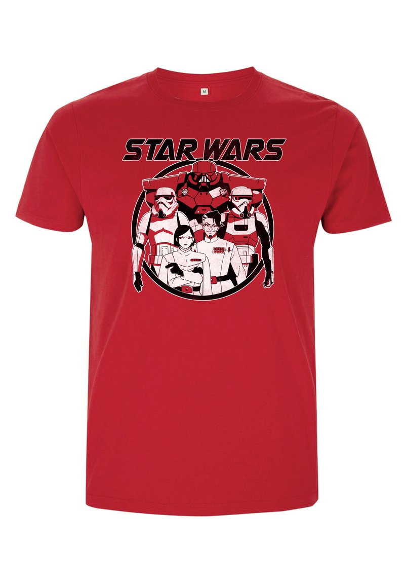 Rode katoenen t-shirt met een grafisch ontwerp van personages en stormtroopers, met de tekst "STAR WARS" in vet zwart boven het ontwerp.