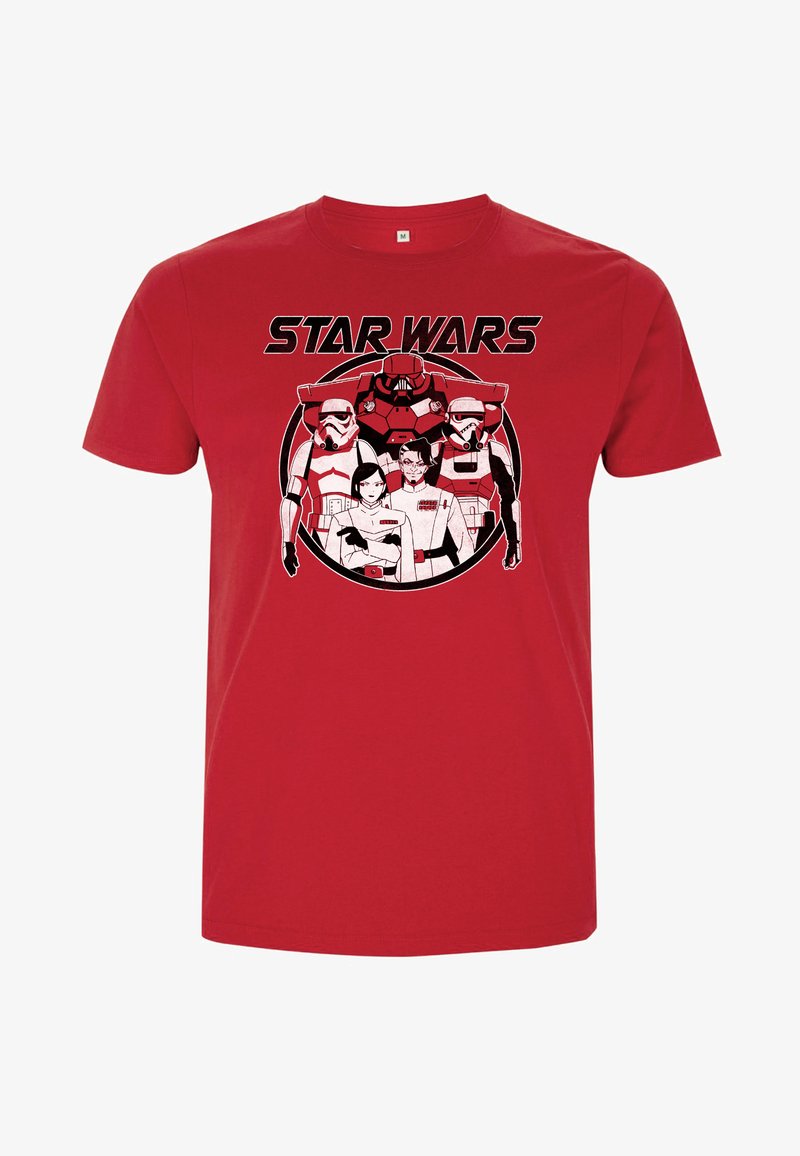 Rød bomulds t-shirt med grafik af karakterer og stormtroopers, med "STAR WARS"-tekst i fed sort ovenfor designet.