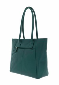 Sac en cuir teal avec deux longues poignées et une poche zippée extérieure à l'avant.