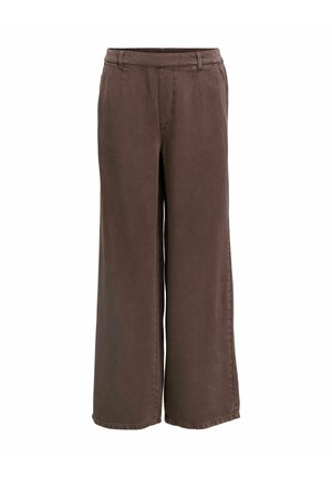 Braune Hose mit weitem Bein aus weichem Stoff, mit mittelhohem Bund, verstecktem Frontreißverschluss und glatter Textur.
