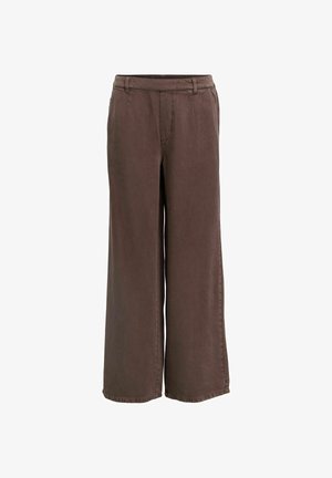 Pantalon marron à jambes larges en tissu doux, avec une taille mi-haute, une fermeture éclair frontale dissimulée, et une texture lisse.