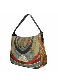 Sac hobo avec un motif imprimé coloré et des motifs complexes, une sangle en cuir noir et une silhouette courbée. Matériau en tissu texturé.