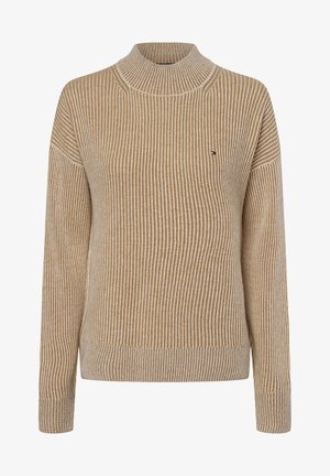 Beige värinen ribbineuleinen pooloneule, jossa pitkät hihat ja pieni punainen, valkoinen ja sininen logo vasemmassa rinnassa.