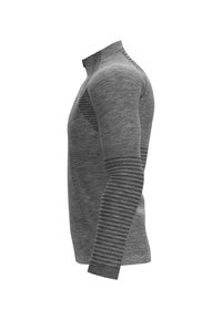 Pull gris à manches longues avec col montant et motif à rayures horizontales sur la partie inférieure des manches, présenté en vue latérale sur fond blanc.