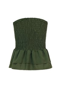 Haut bustier vert foncé avec corsage smocké et ourlet à volants superposés en bas.