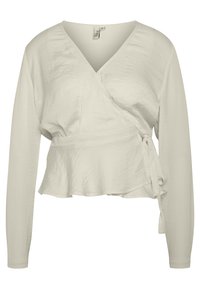 Top avvolgente di un beige chiaro con maniche lunghe, caratterizzato da un orlo peplum e un tessuto testurizzato, leggermente stropicciato. Lacci regolabili in vita.
