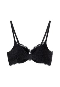 Sort blond bh med blomsterdesign, polstrede kopper, justerbare stropper og en sløjfeaccent foran.