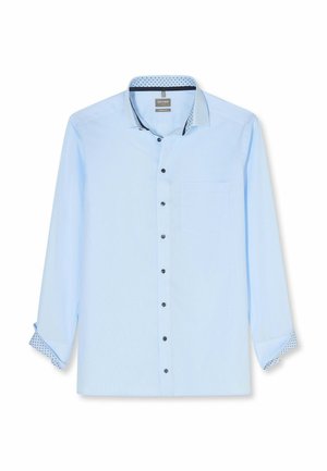 Hellblaues Herrenhemd mit langen Ärmeln, schwarzen Knöpfen, einer Brusttasche und gemusterter innerer Kragen- sowie Manschettenfutter.